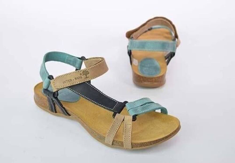 Inter Bios Womens Sandals 38 Leather Beige Teal Grey Adjustable Straps Logo
